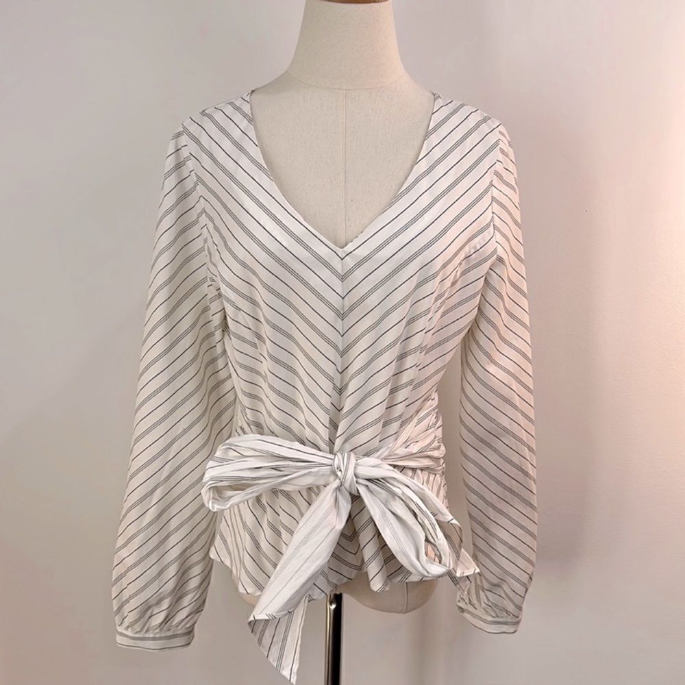 JANE & DELANCEY ANTHROPOLOGIE | V Neck Stripe Balloon Puff Sleeve Top Blouse | M